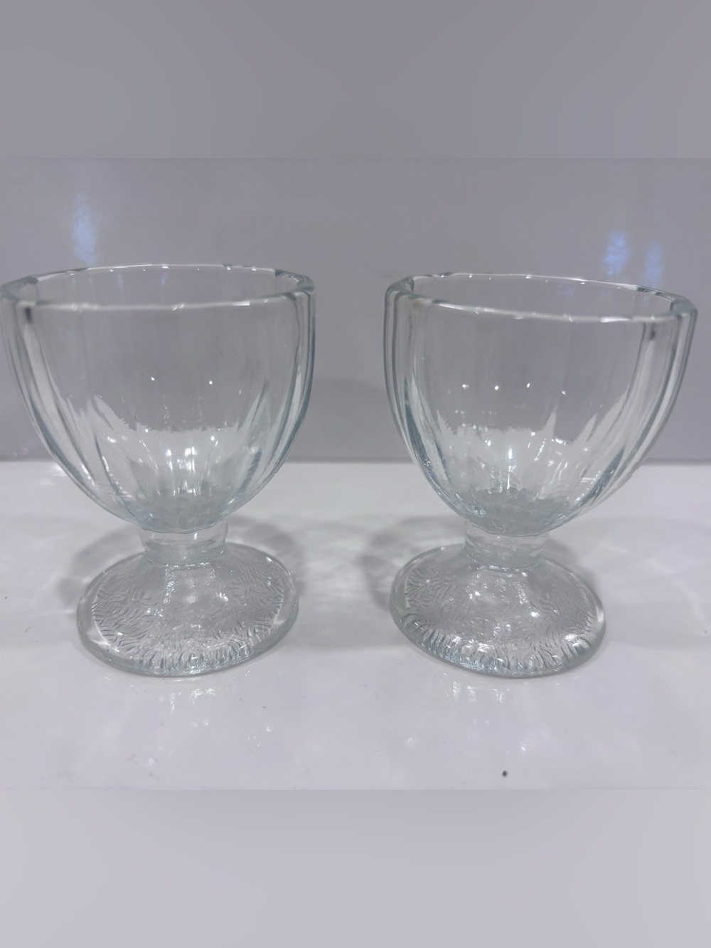 Vintage Clear Pressed Glass Egg Cups Pair Fluted Paneled Design Footed Holders